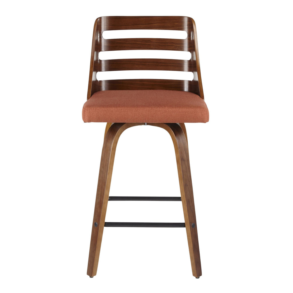 Trevi 26'' Fixed-Height Counter Stool - Set of 2 - Walnut Wood, Orange Fabric, Black Metal