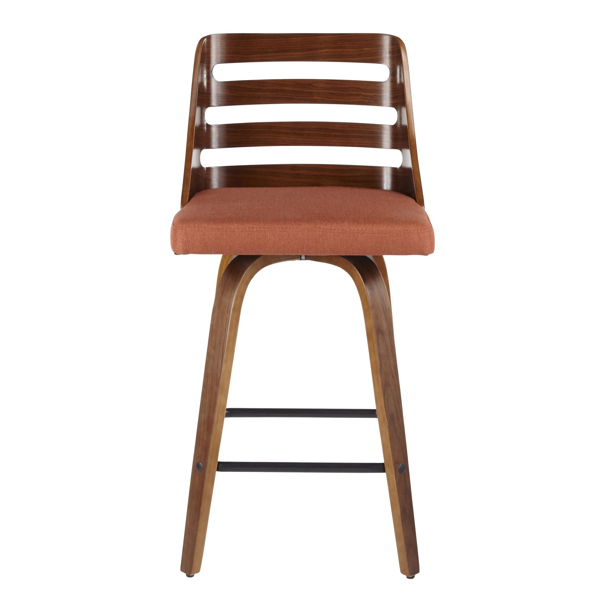 Trevi 26'' Fixed-Height Counter Stool - Set of 2 - Walnut Wood, Orange Fabric, Black Metal