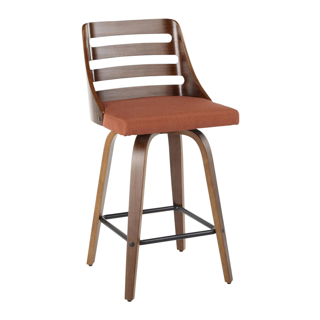 Trevi 26'' Fixed-Height Counter Stool - Set of 2 - Walnut Wood, Orange Fabric, Black Metal
