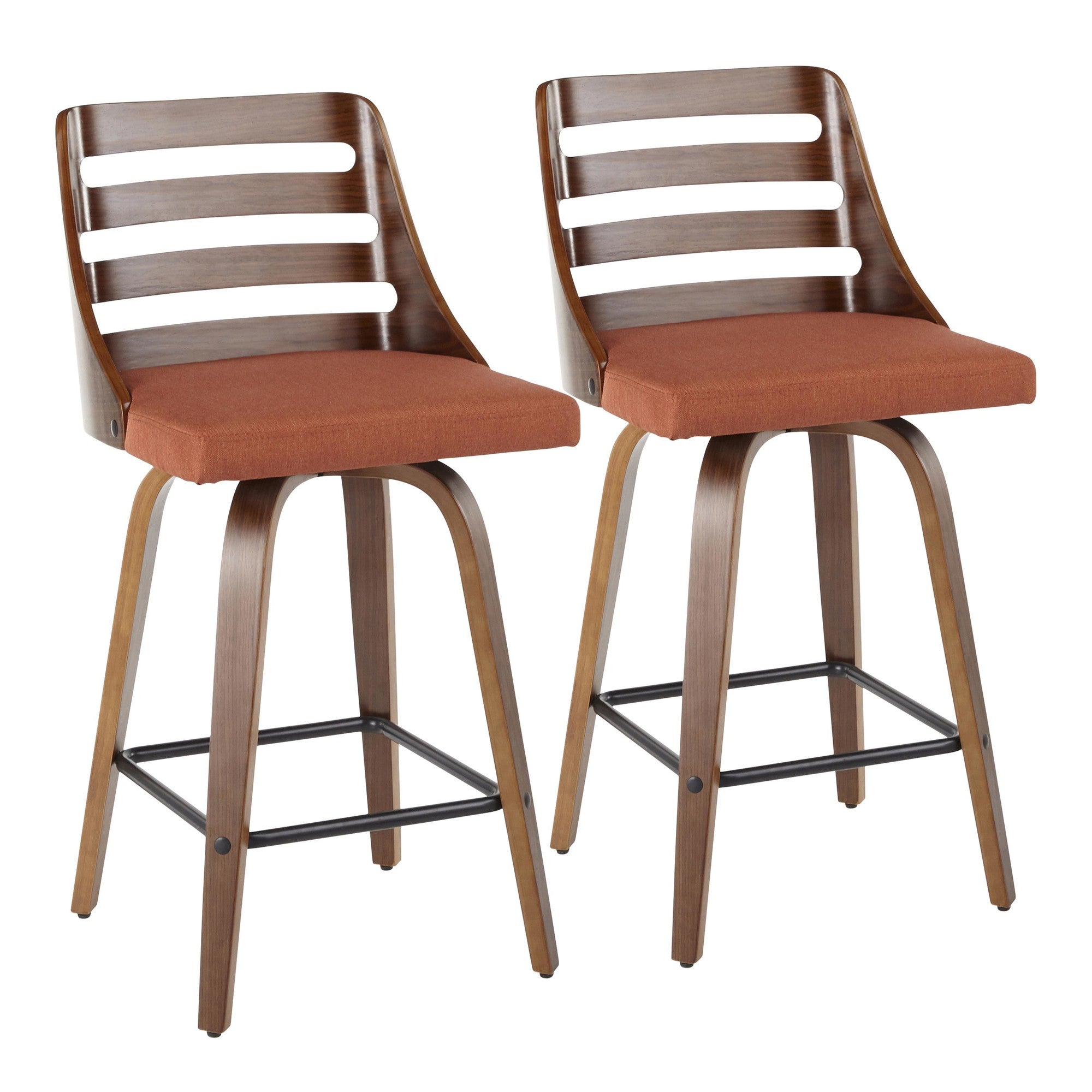 Trevi 26'' Fixed-Height Counter Stool - Set of 2 - Walnut Wood, Orange Fabric, Black Metal