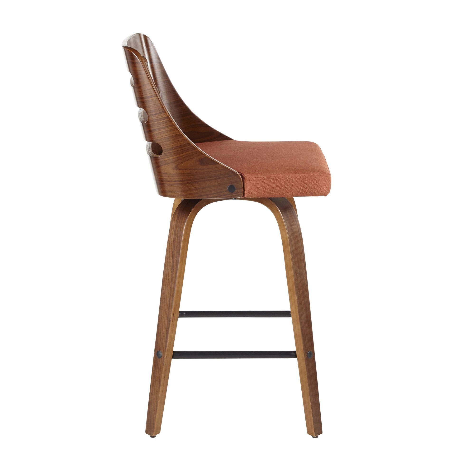 Trevi 26'' Fixed-Height Counter Stool - Set of 2 - Walnut Wood, Orange Fabric, Black Metal