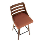 Trevi 26'' Fixed-Height Counter Stool - Set of 2 - Walnut Wood, Orange Fabric, Black Metal