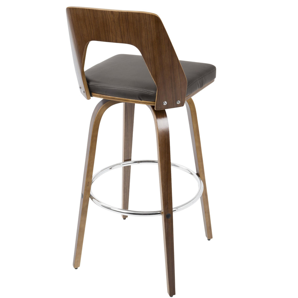 Trilogy 30" Fixed-Height Barstool - Set of 2 - Walnut Wood, Brown PU, Chrome