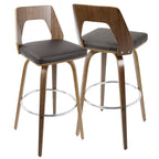 Trilogy 30" Fixed-Height Barstool - Set of 2 - Walnut Wood, Brown PU, Chrome
