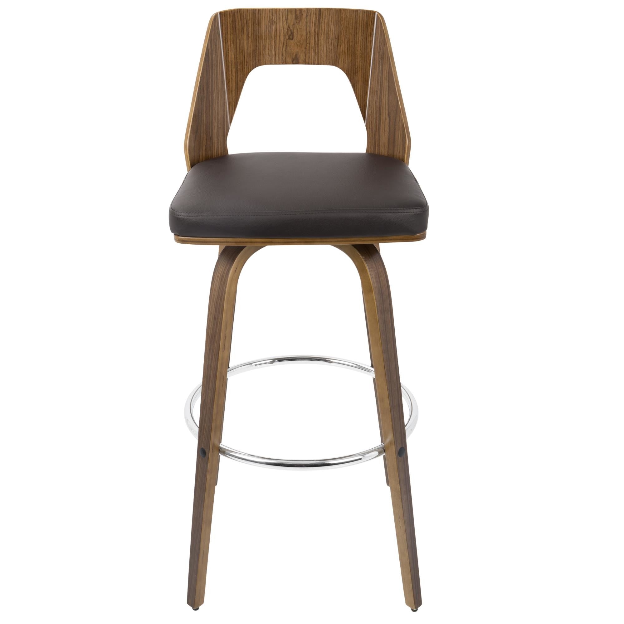 Trilogy 30" Fixed-Height Barstool - Set of 2 - Walnut Wood, Brown PU, Chrome