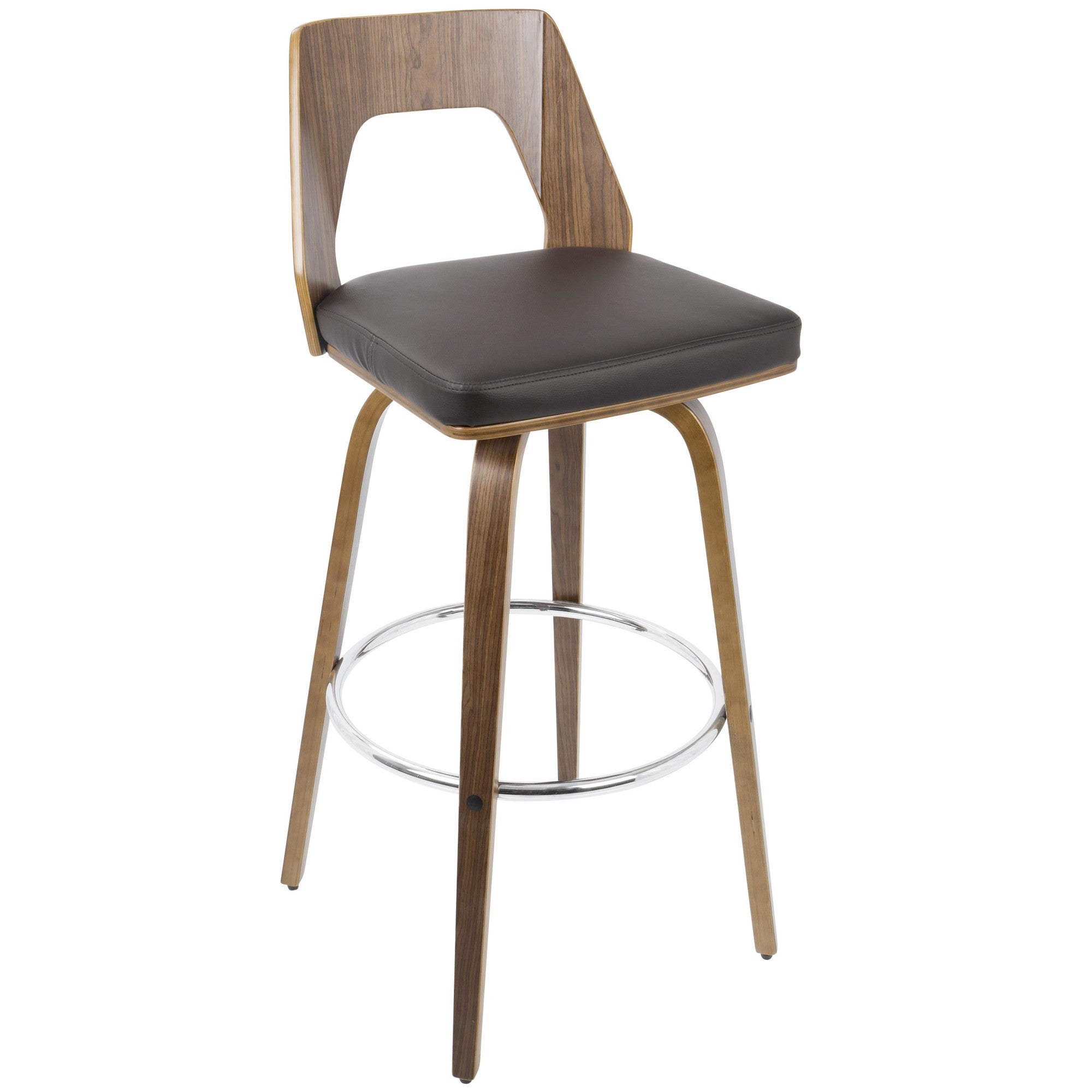Trilogy 30" Fixed-Height Barstool - Set of 2 - Walnut Wood, Brown PU, Chrome