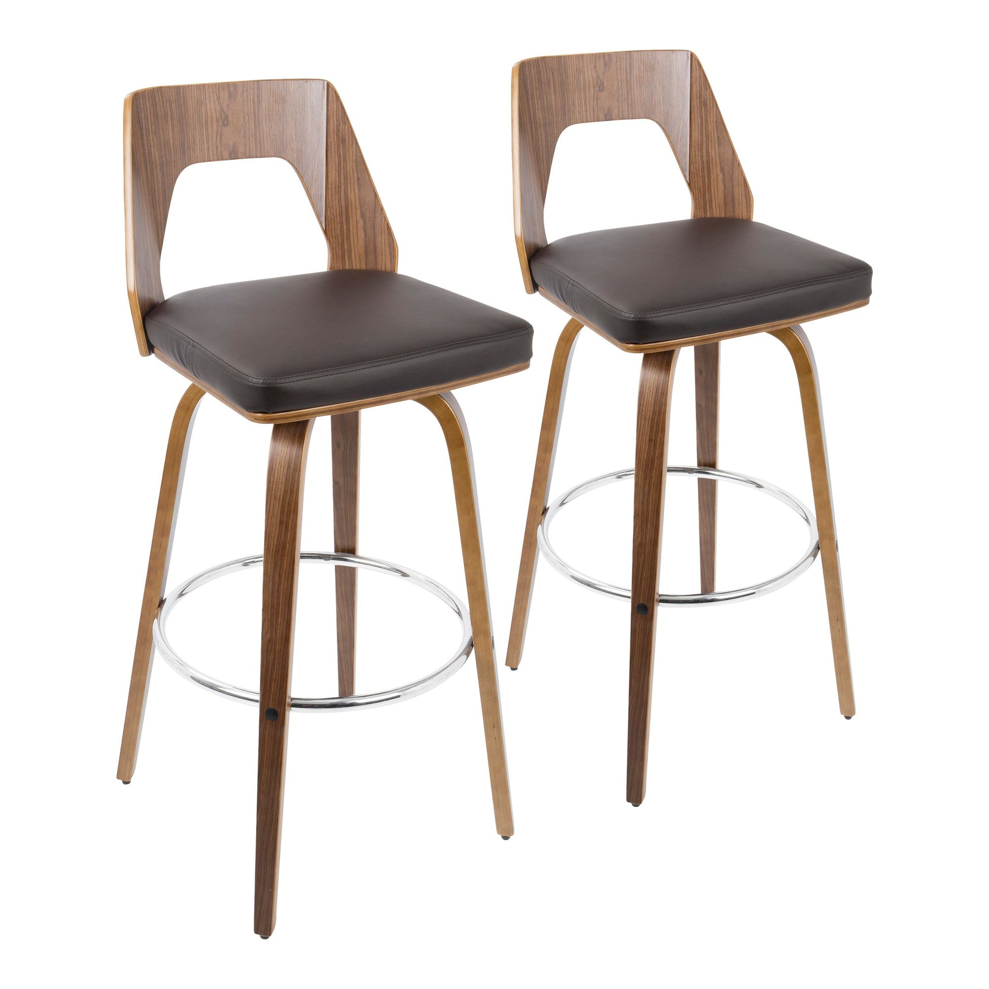 Trilogy 30" Fixed-Height Barstool - Set of 2 - Walnut Wood, Brown PU, Chrome