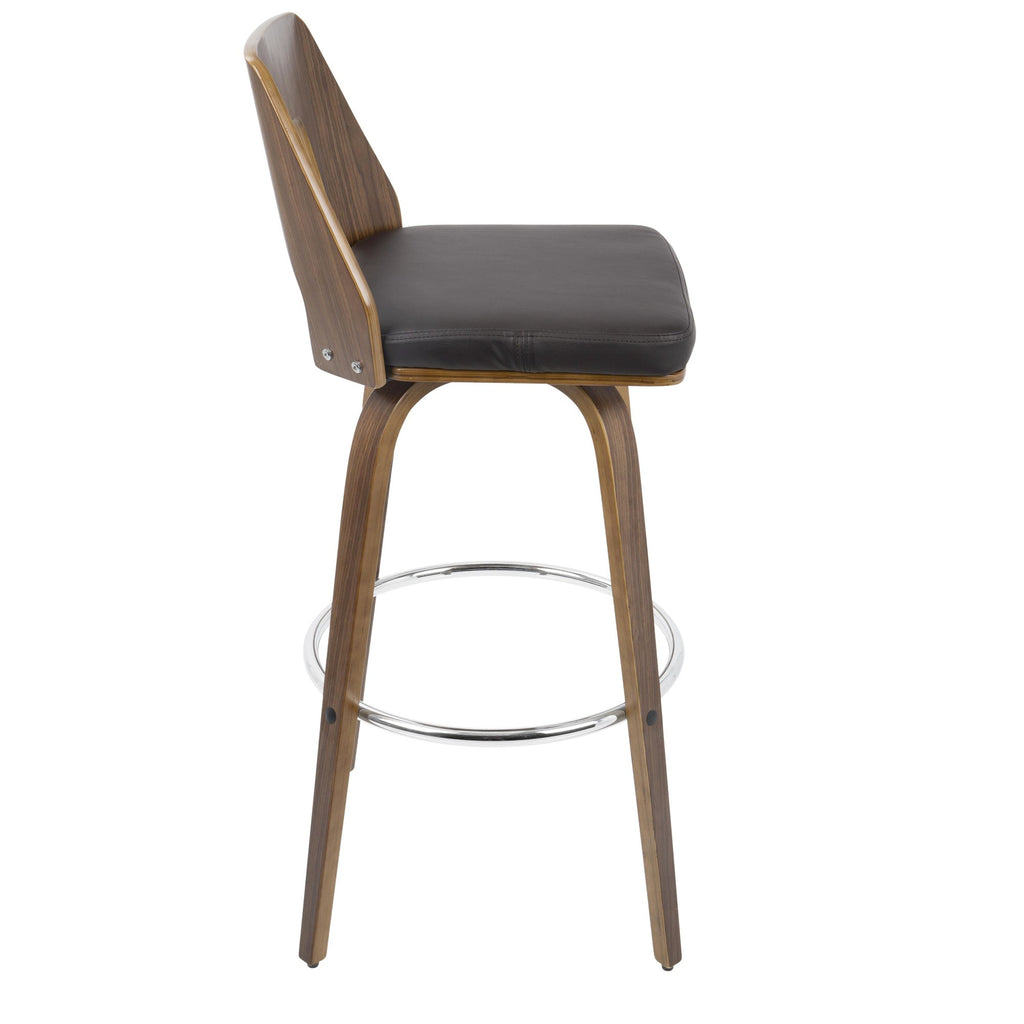 Trilogy 30" Fixed-Height Barstool - Set of 2 - Walnut Wood, Brown PU, Chrome