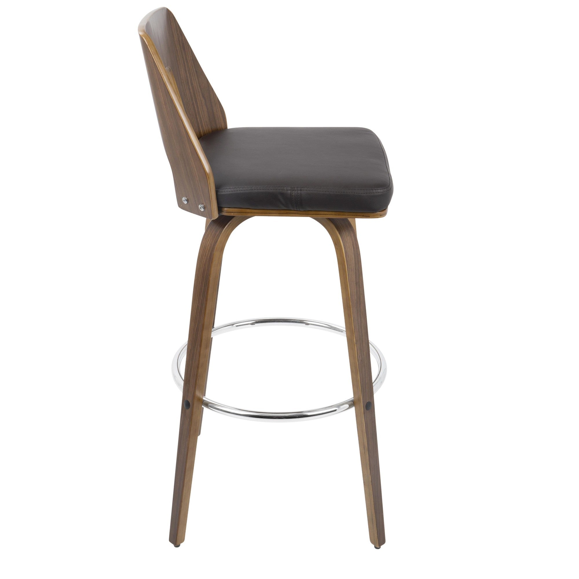 Trilogy 30" Fixed-Height Barstool - Set of 2 - Walnut Wood, Brown PU, Chrome