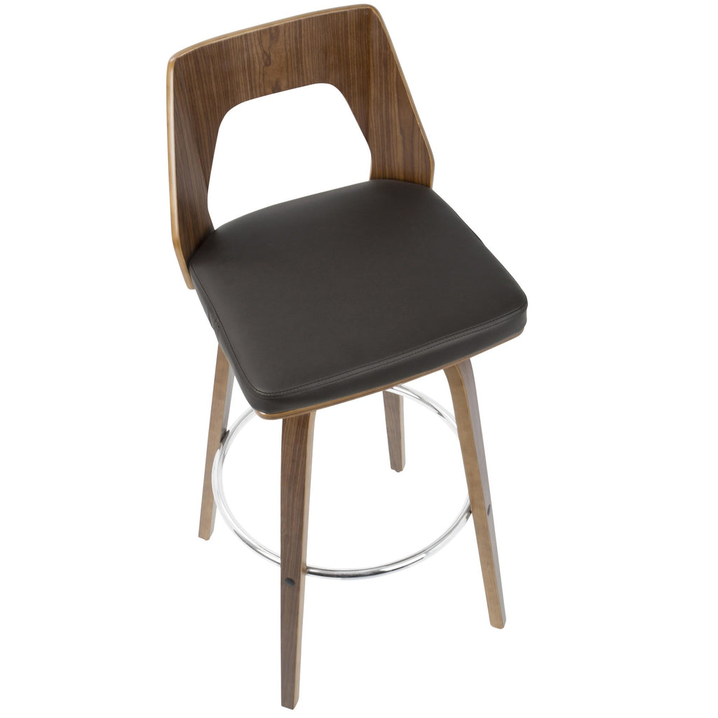 Trilogy 30" Fixed-Height Barstool - Set of 2 - Walnut Wood, Brown PU, Chrome