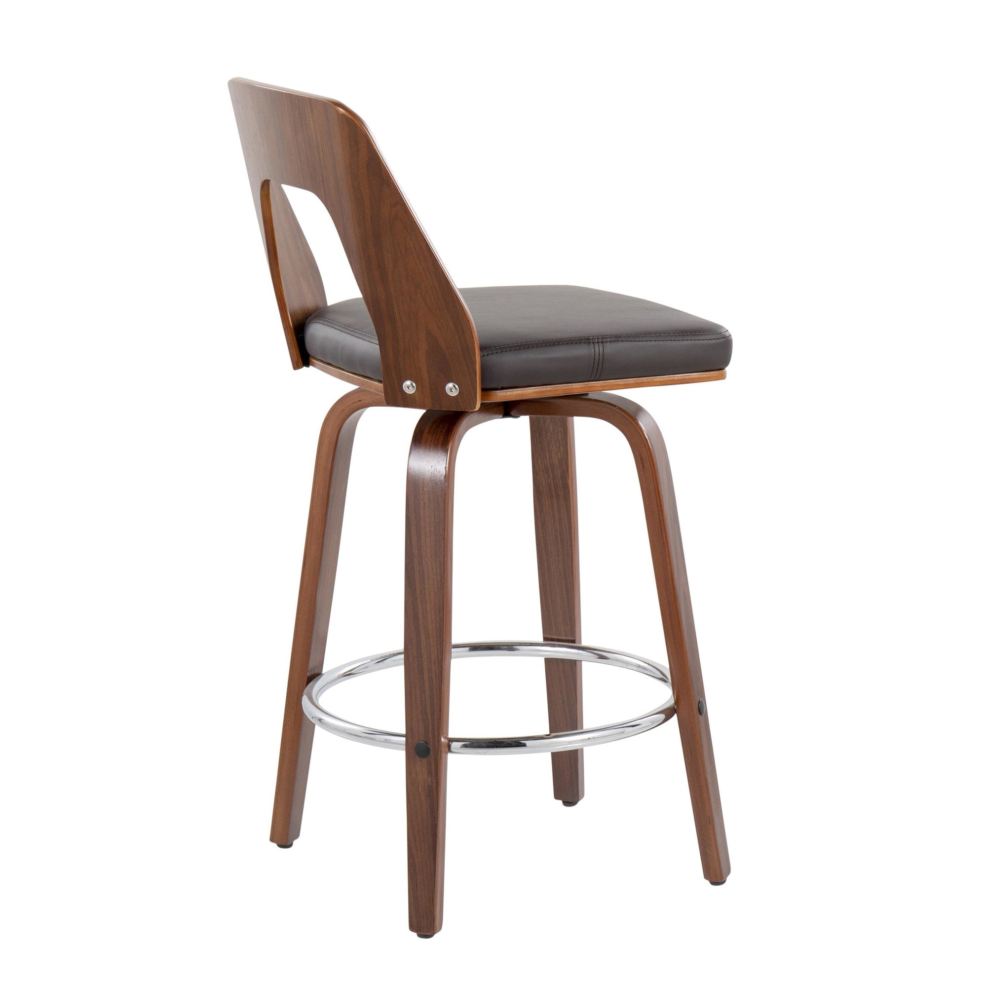 Trilogy 24" Fixed-Height Counter Stool - Set of 2 - Walnut Wood, Brown PU, Chrome