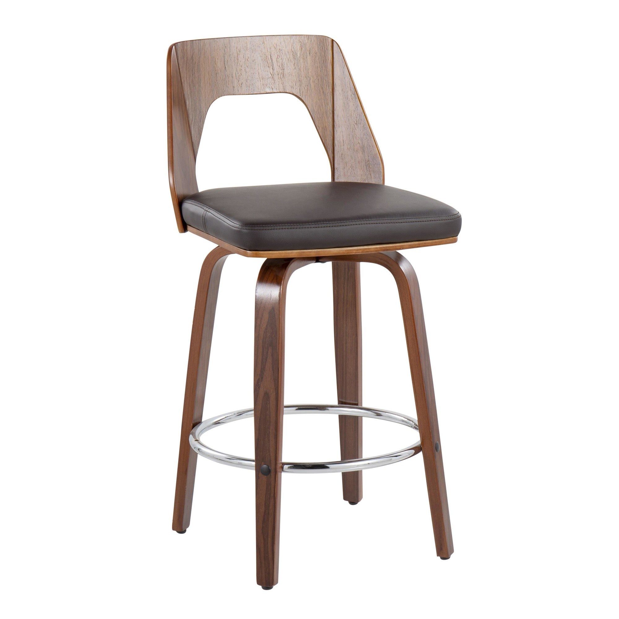Trilogy 24" Fixed-Height Counter Stool - Set of 2 - Walnut Wood, Brown PU, Chrome