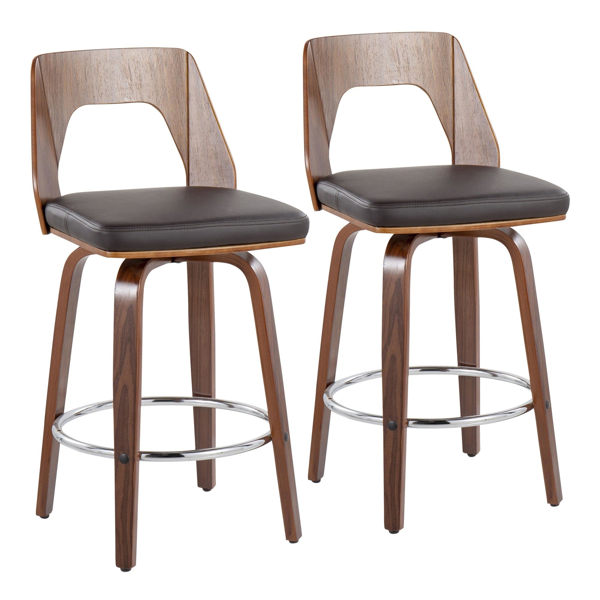 Trilogy 24" Fixed-Height Counter Stool - Set of 2 - Walnut Wood, Brown PU, Chrome