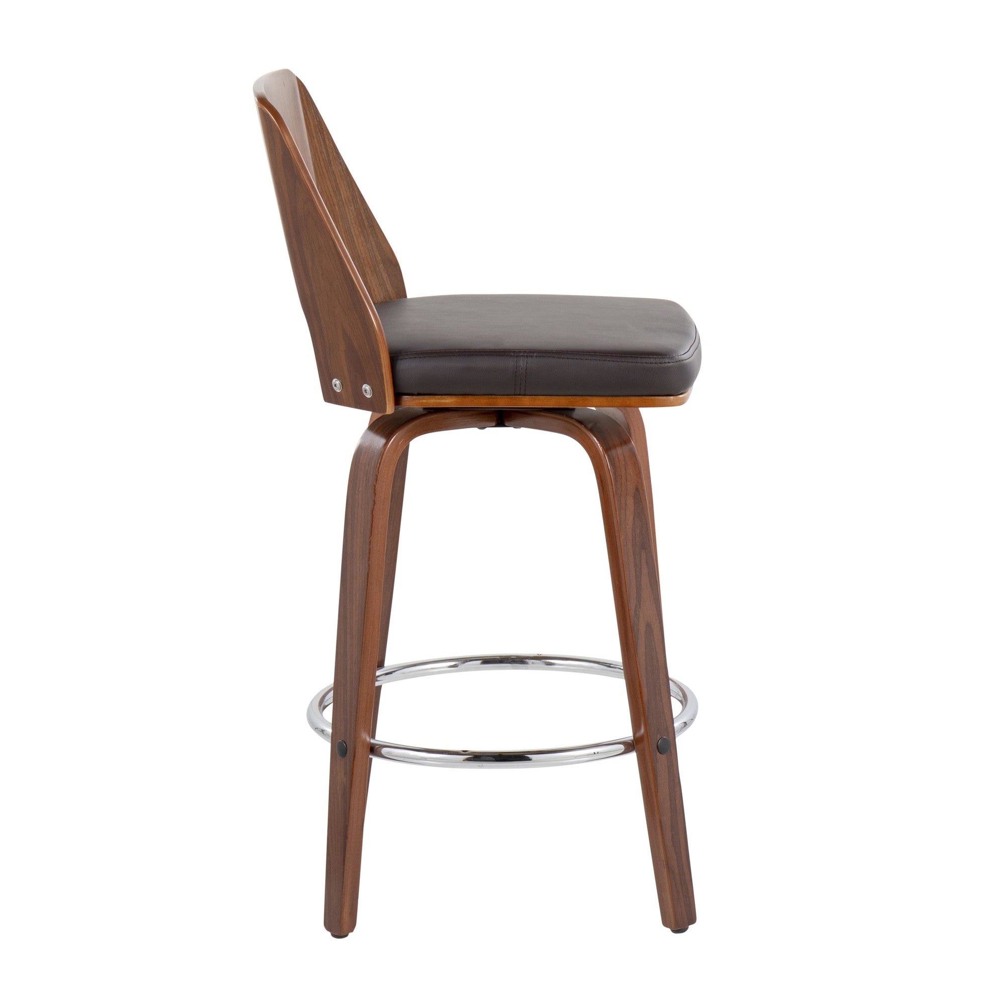 Trilogy 24" Fixed-Height Counter Stool - Set of 2 - Walnut Wood, Brown PU, Chrome