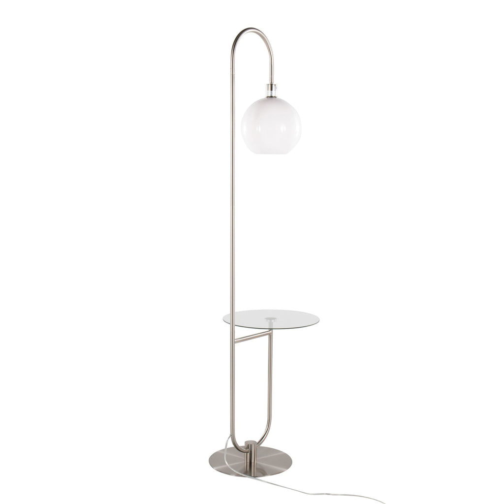 Trombone 71" Floor Lamp With Table - Nickel Metal, Clear Glass, White Plastic