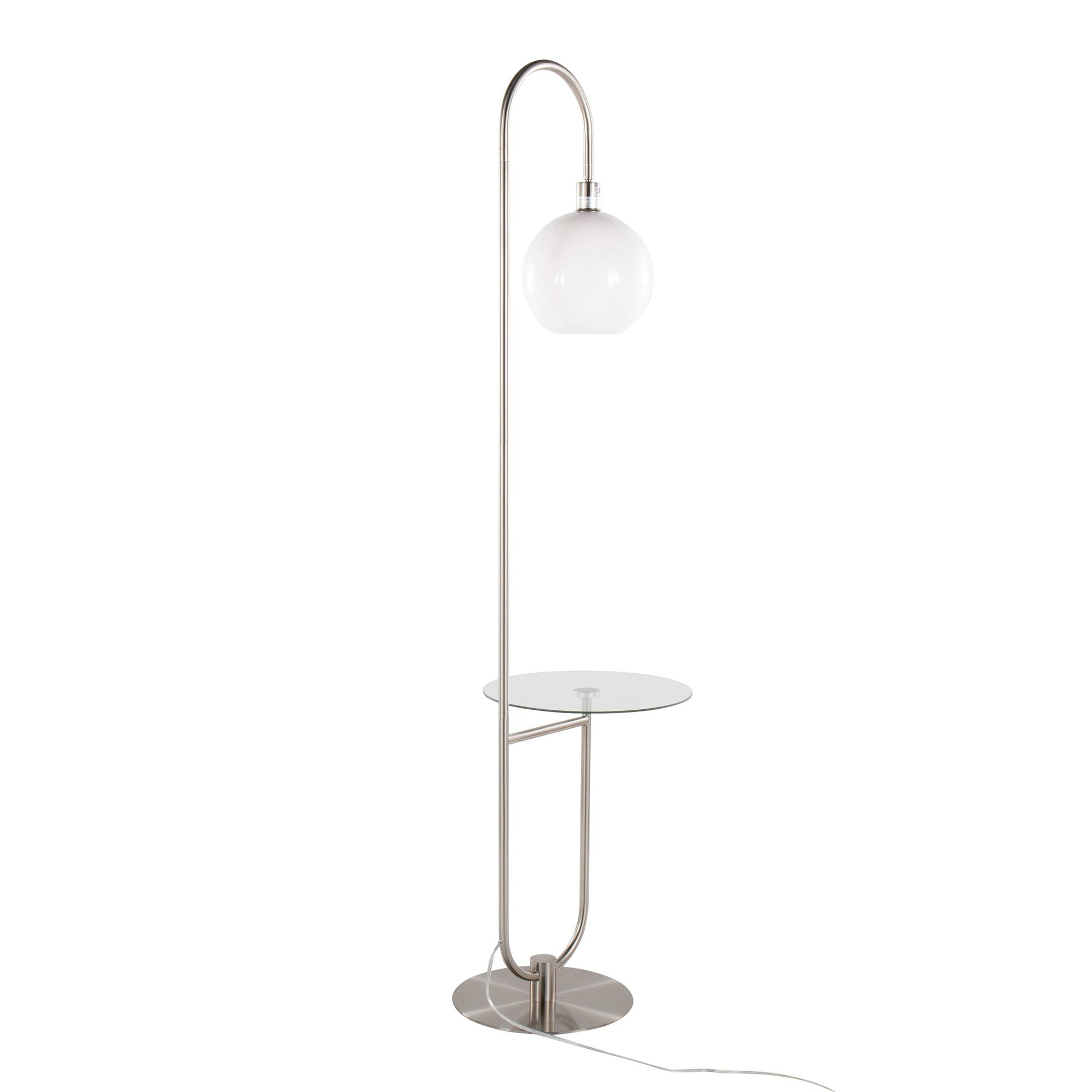 Trombone 71" Floor Lamp With Table - Nickel Metal, Clear Glass, White Plastic
