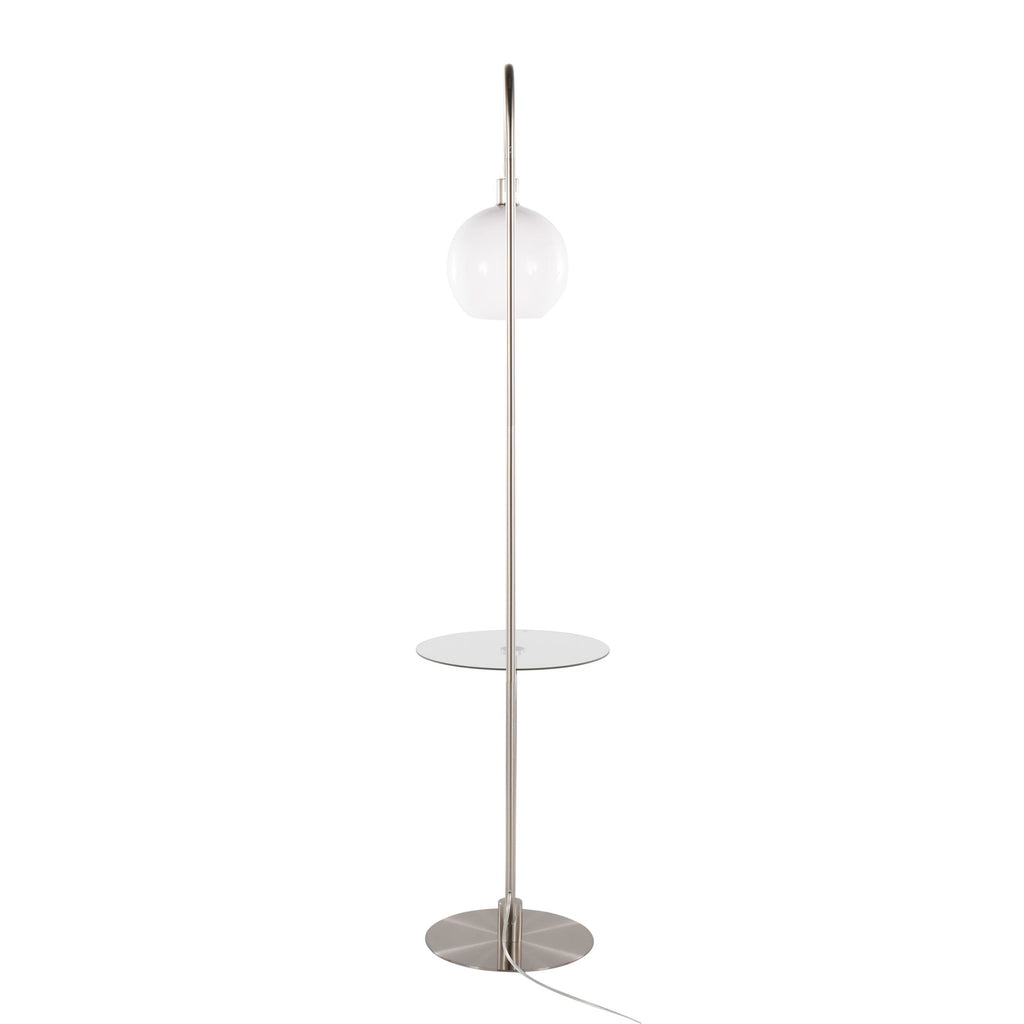 Trombone 71" Floor Lamp With Table - Nickel Metal, Clear Glass, White Plastic