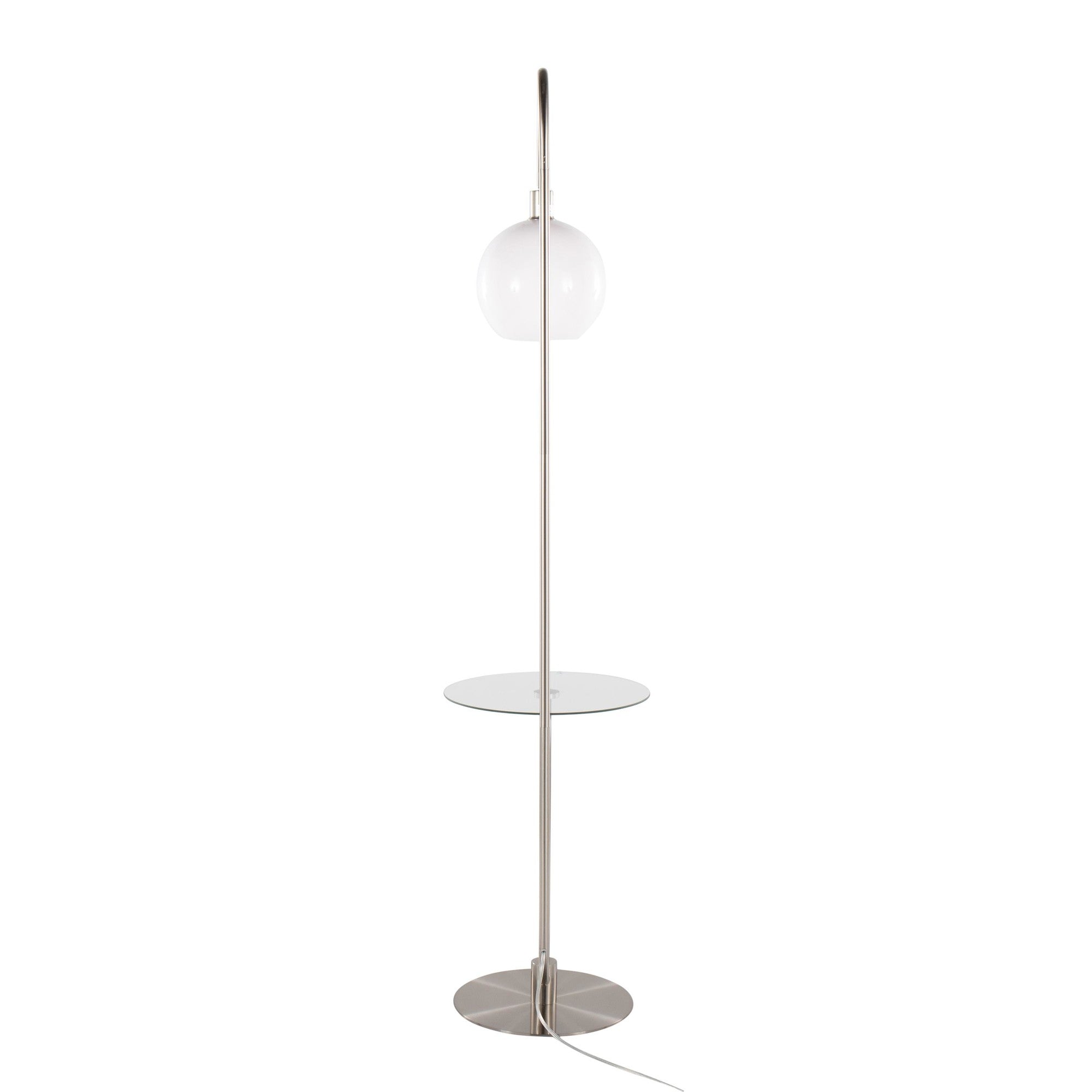 Trombone 71" Floor Lamp With Table - Nickel Metal, Clear Glass, White Plastic