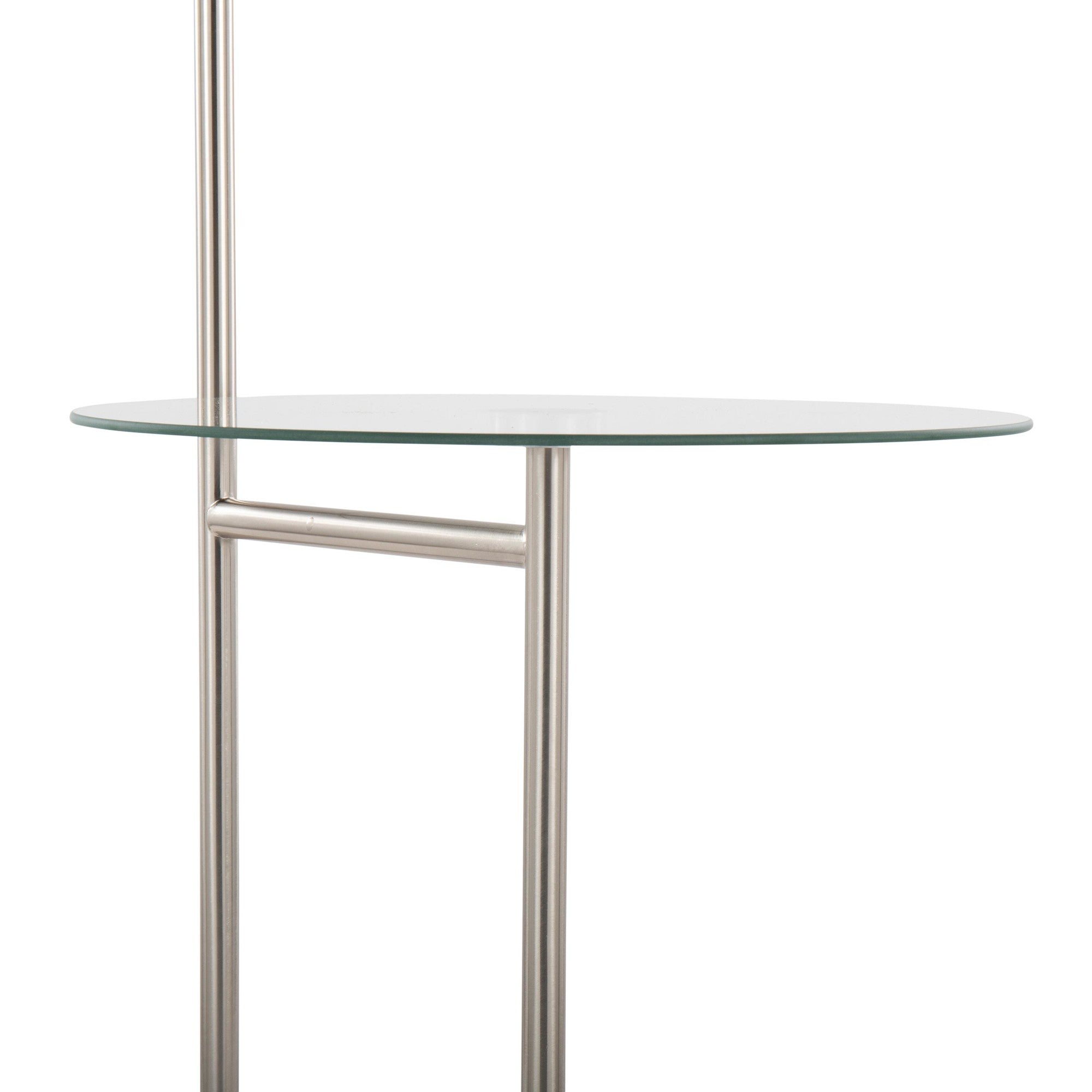 Trombone 71" Floor Lamp With Table - Nickel Metal, Clear Glass, White Plastic