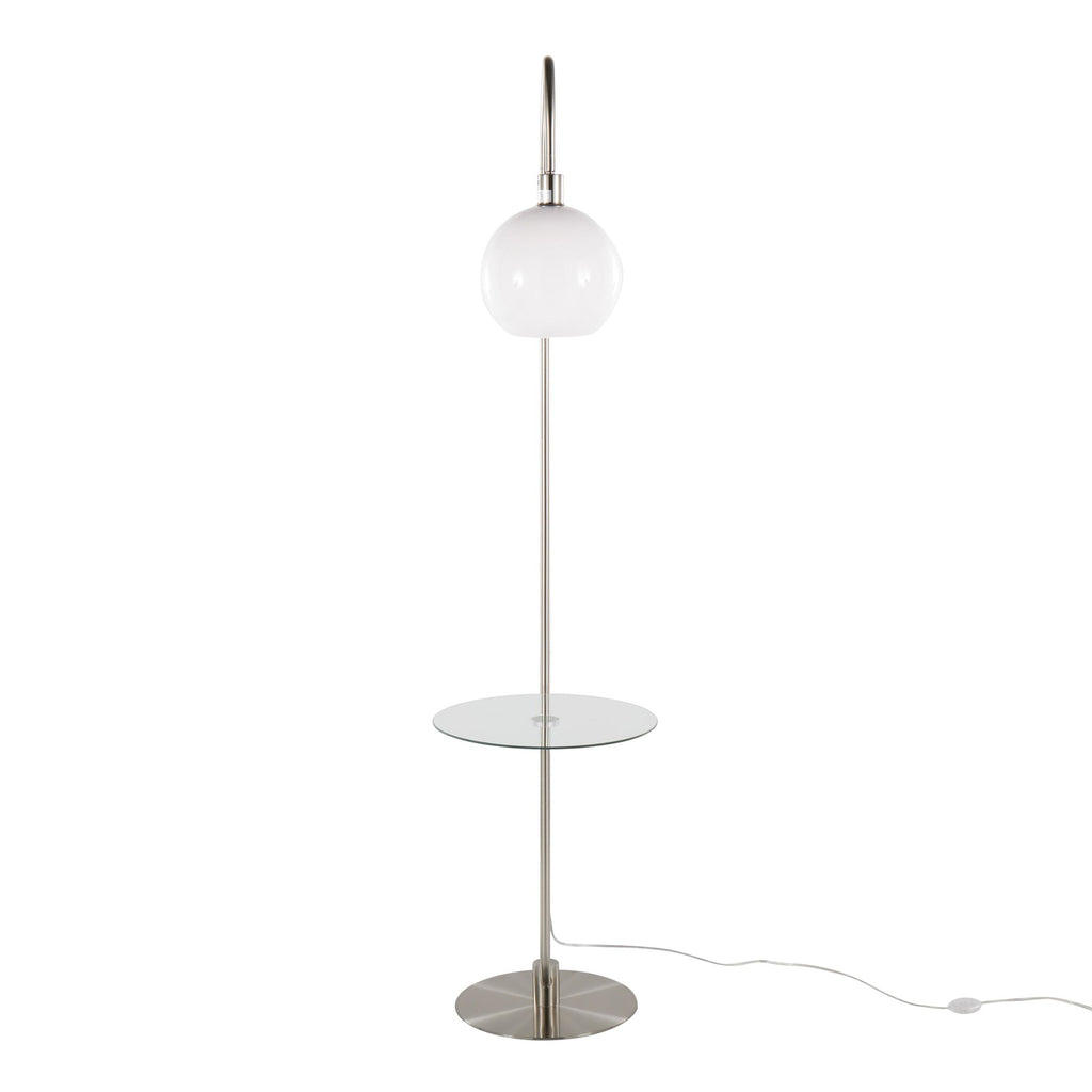Trombone 71" Floor Lamp With Table - Nickel Metal, Clear Glass, White Plastic