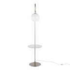 Trombone 71" Floor Lamp With Table - Nickel Metal, Clear Glass, White Plastic