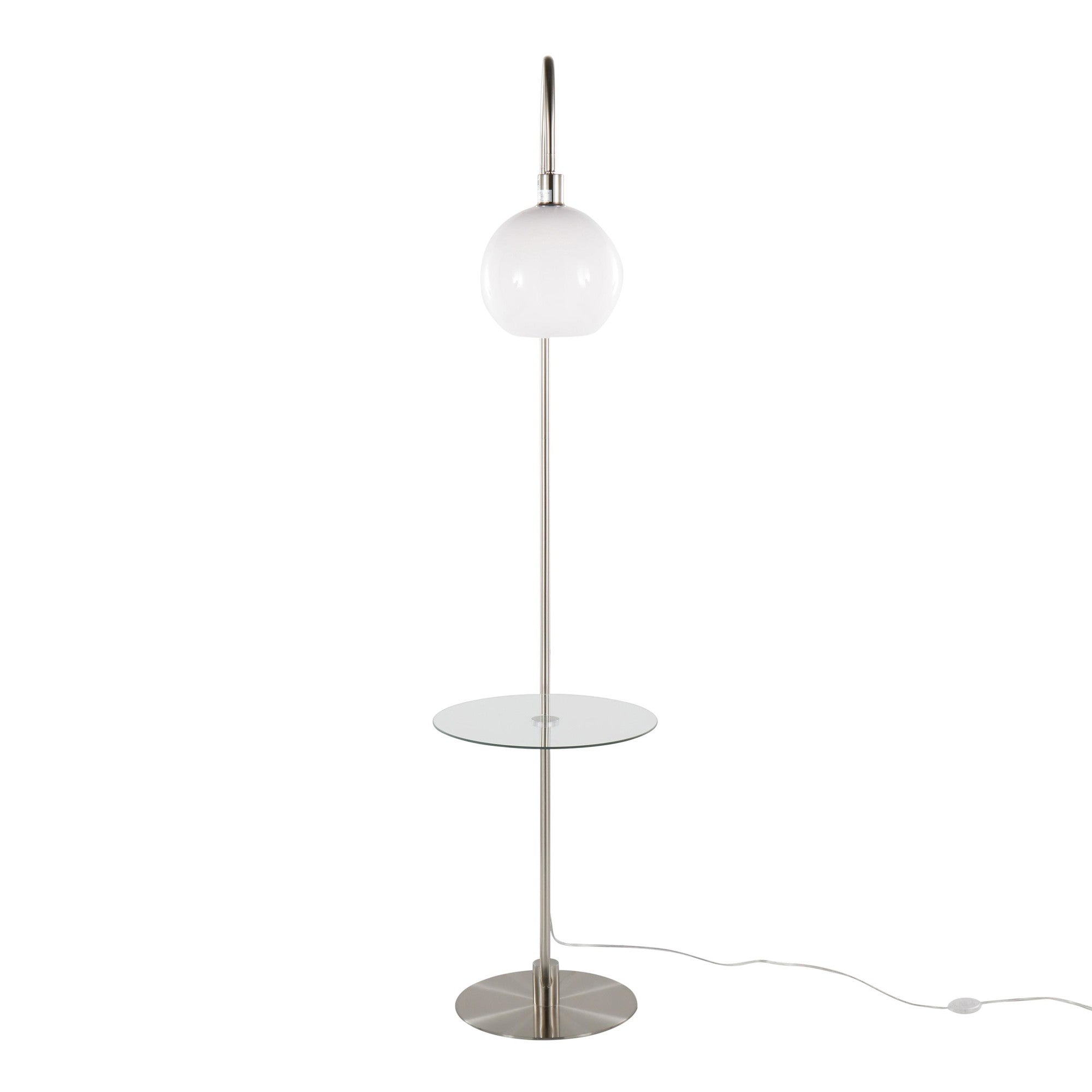 Trombone 71" Floor Lamp With Table - Nickel Metal, Clear Glass, White Plastic