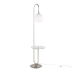 Trombone 71" Floor Lamp With Table - Nickel Metal, Clear Glass, White Plastic