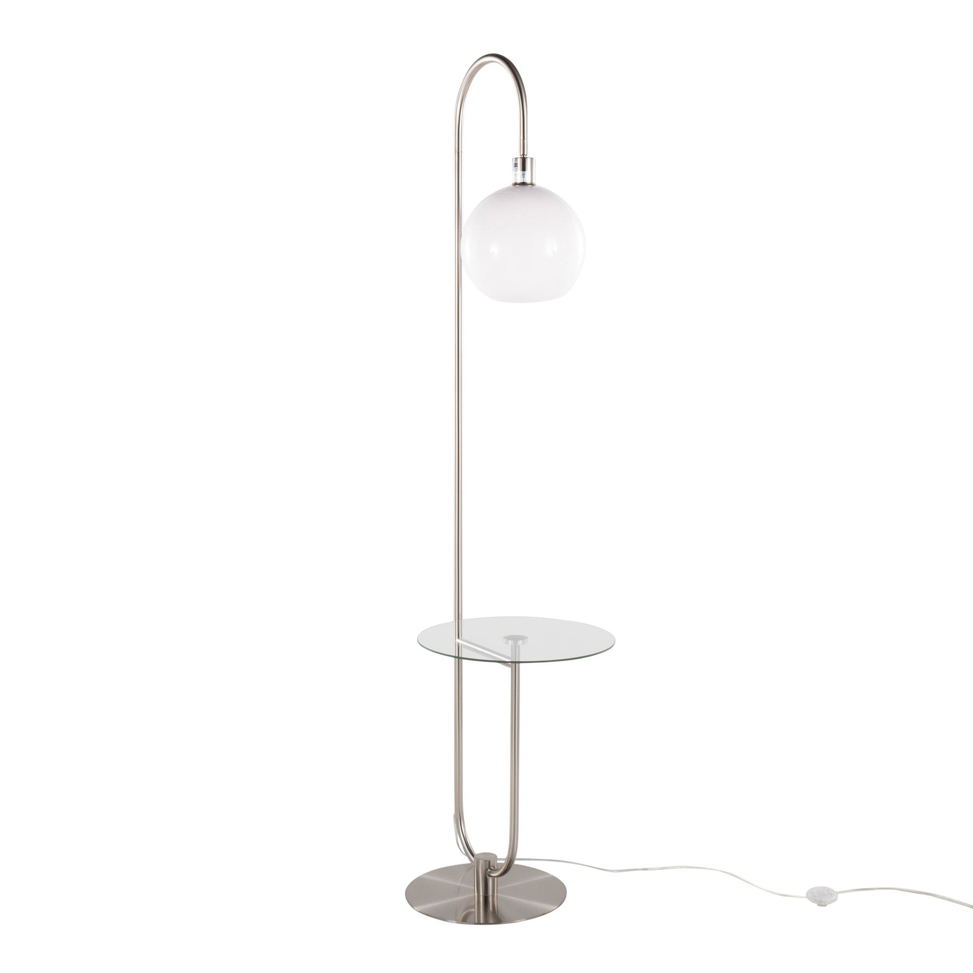 Trombone 71" Floor Lamp With Table - Nickel Metal, Clear Glass, White Plastic