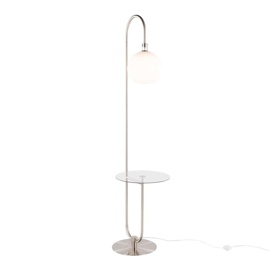 Trombone 71" Floor Lamp With Table - Nickel Metal, Clear Glass, White Plastic