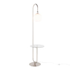 Trombone 71" Floor Lamp With Table - Nickel Metal, Clear Glass, White Plastic