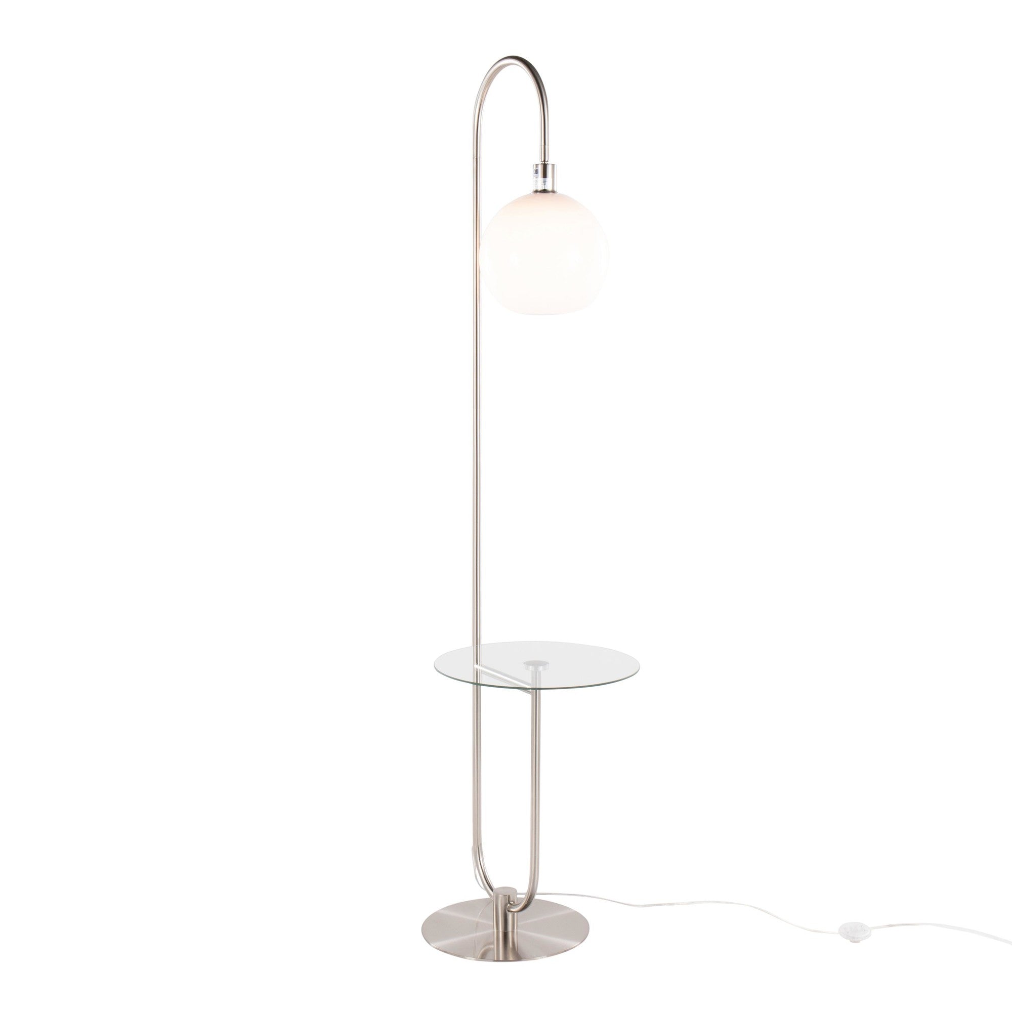 Trombone 71" Floor Lamp With Table - Nickel Metal, Clear Glass, White Plastic