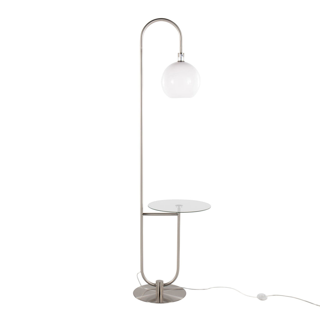 Trombone 71" Floor Lamp With Table - Nickel Metal, Clear Glass, White Plastic