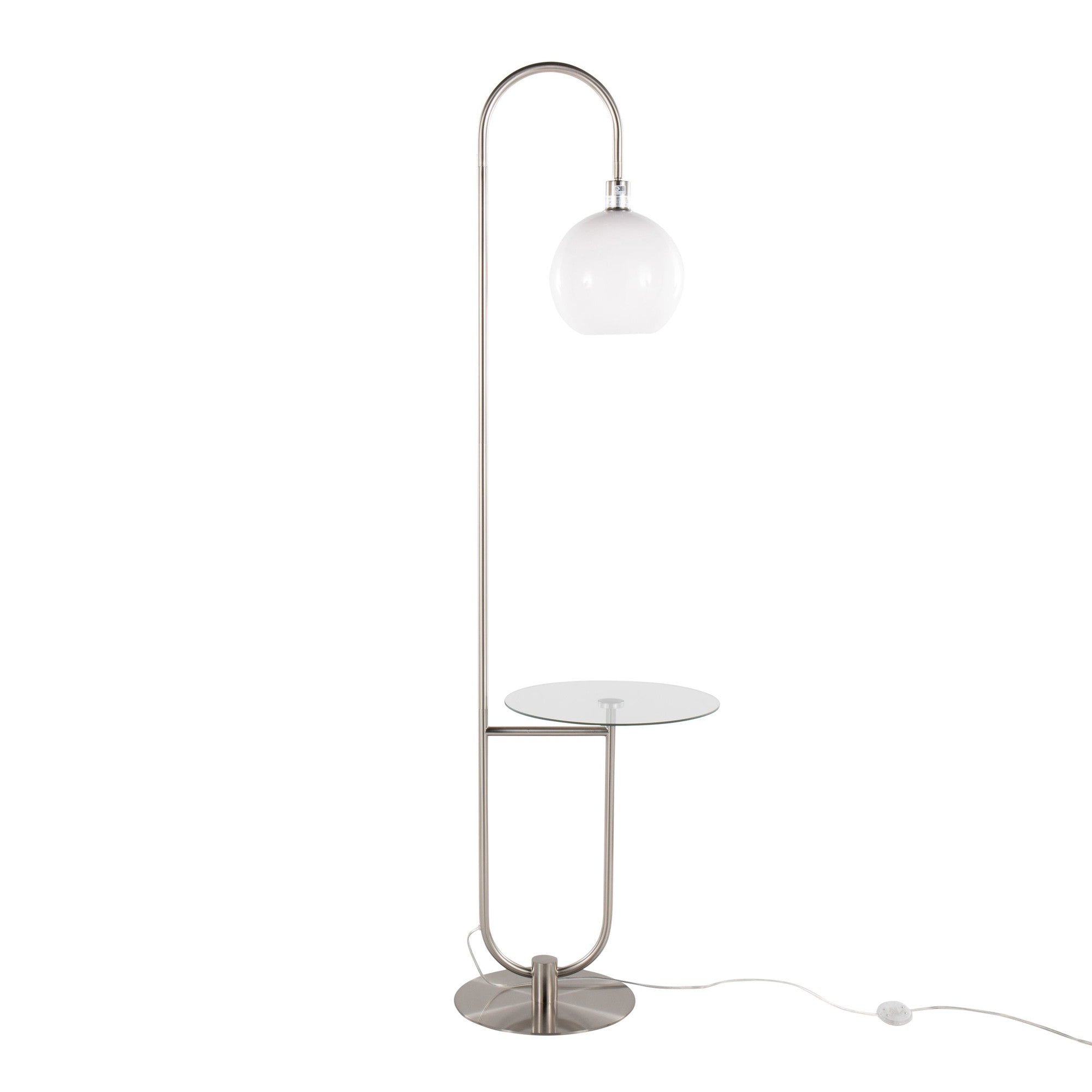 Trombone 71" Floor Lamp With Table - Nickel Metal, Clear Glass, White Plastic
