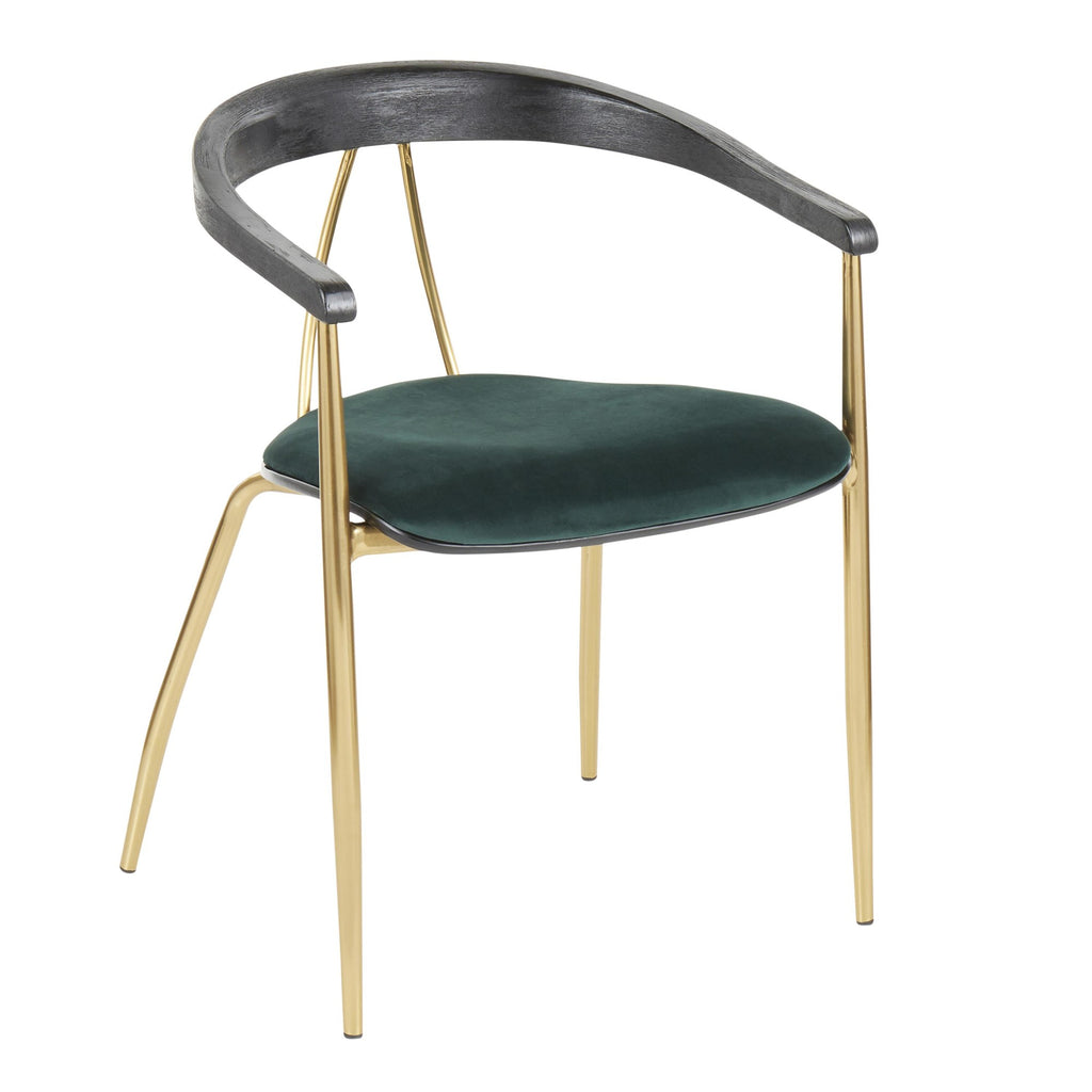 Vanessa Chair - Set of 2 - Gold Metal, Green Velvet, Black Wood