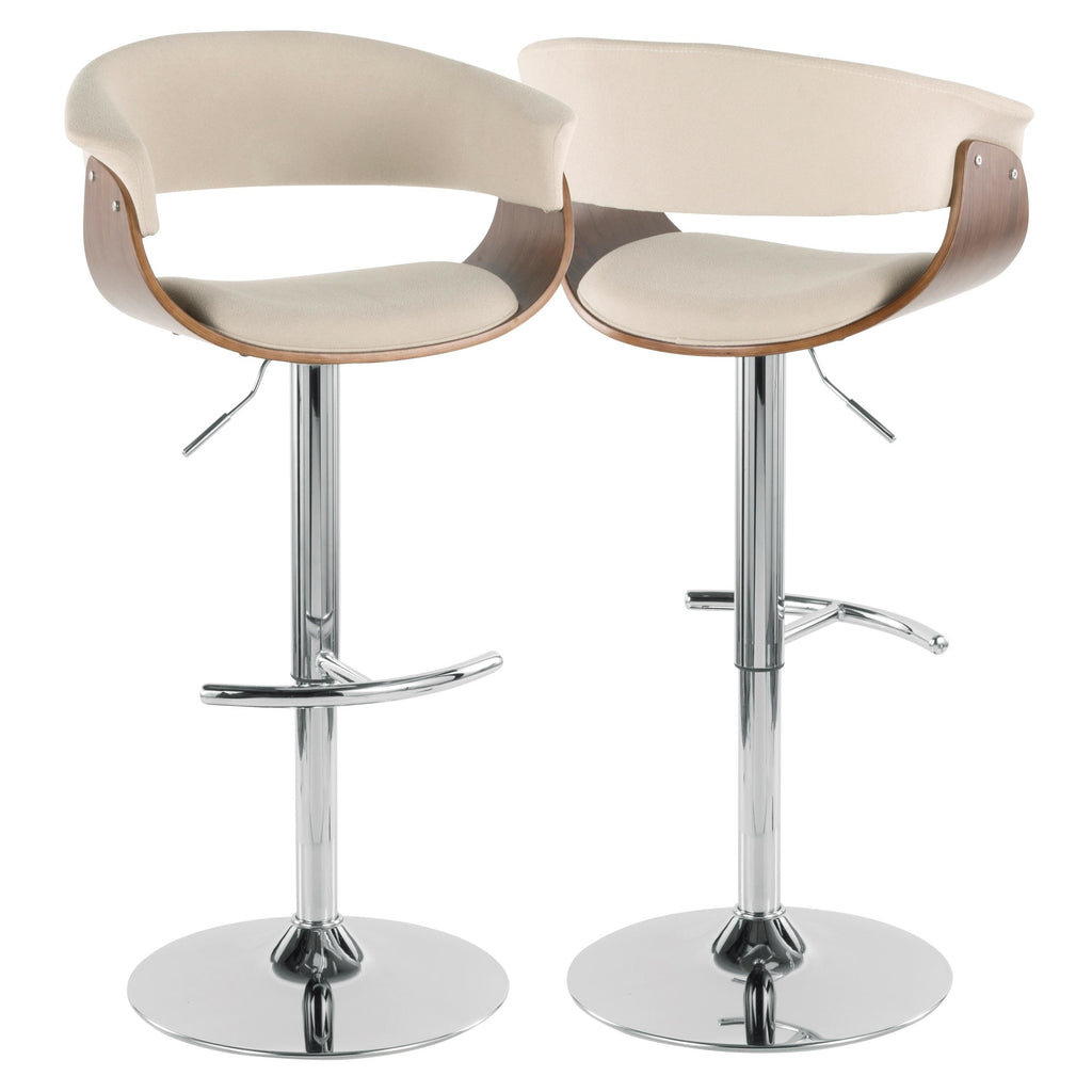 Vintage Mod Adjustable Barstool - Set of 2 - Chrome Metal, Walnut Wood, Cream Fabric
