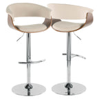 Vintage Mod Adjustable Barstool - Set of 2 - Chrome Metal, Walnut Wood, Cream Fabric