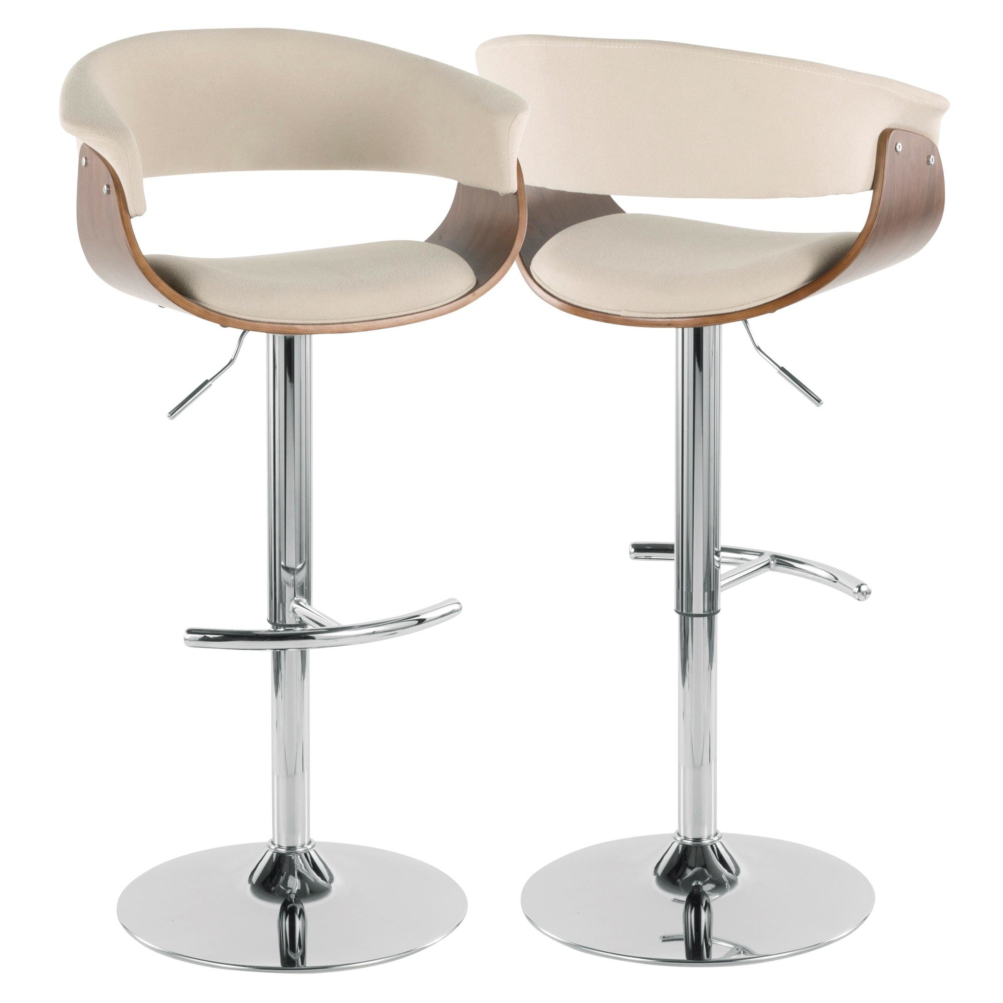 Vintage Mod Adjustable Barstool - Set of 2 - Chrome Metal, Walnut Wood, Cream Fabric