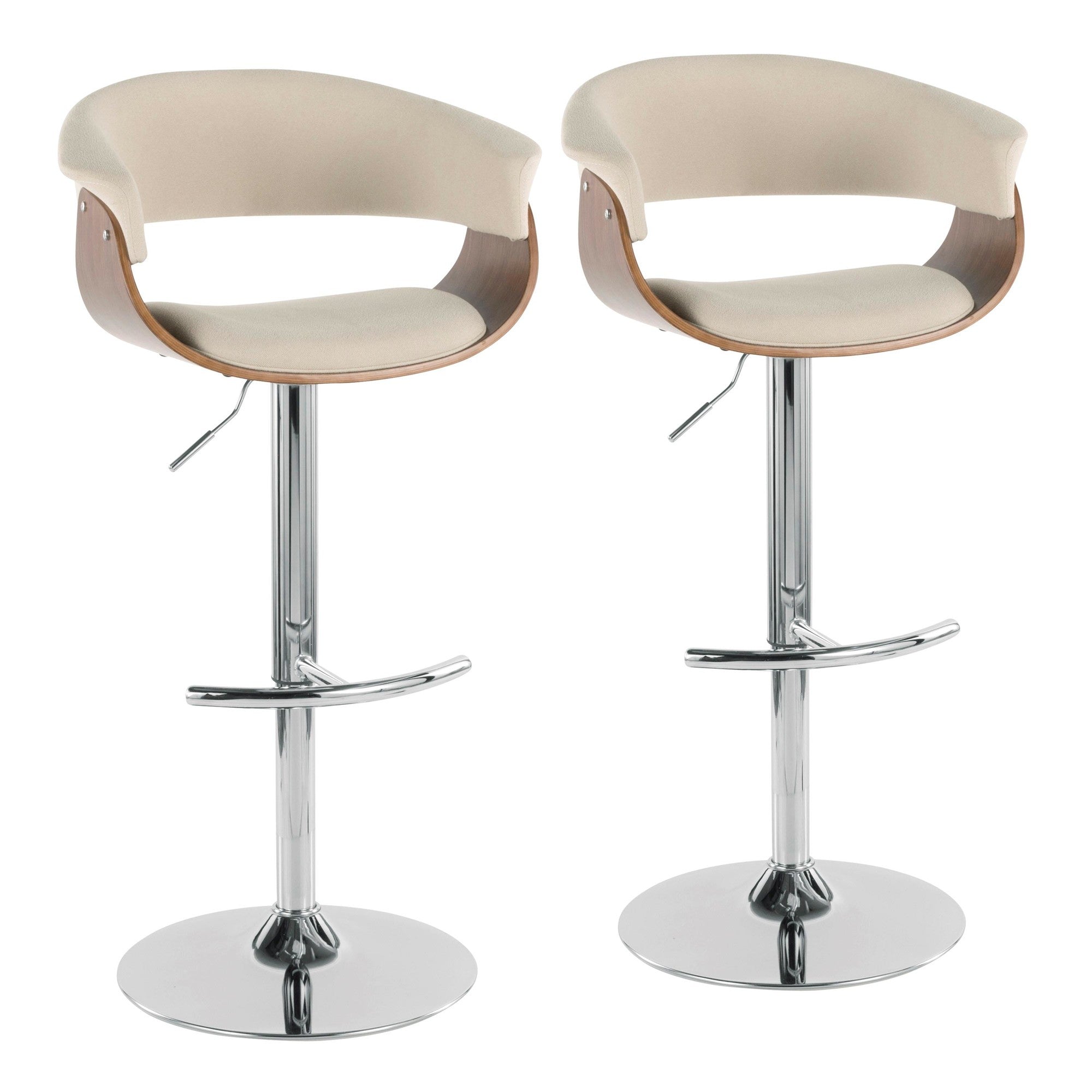 Vintage Mod Adjustable Barstool - Set of 2 - Chrome Metal, Walnut Wood, Cream Fabric