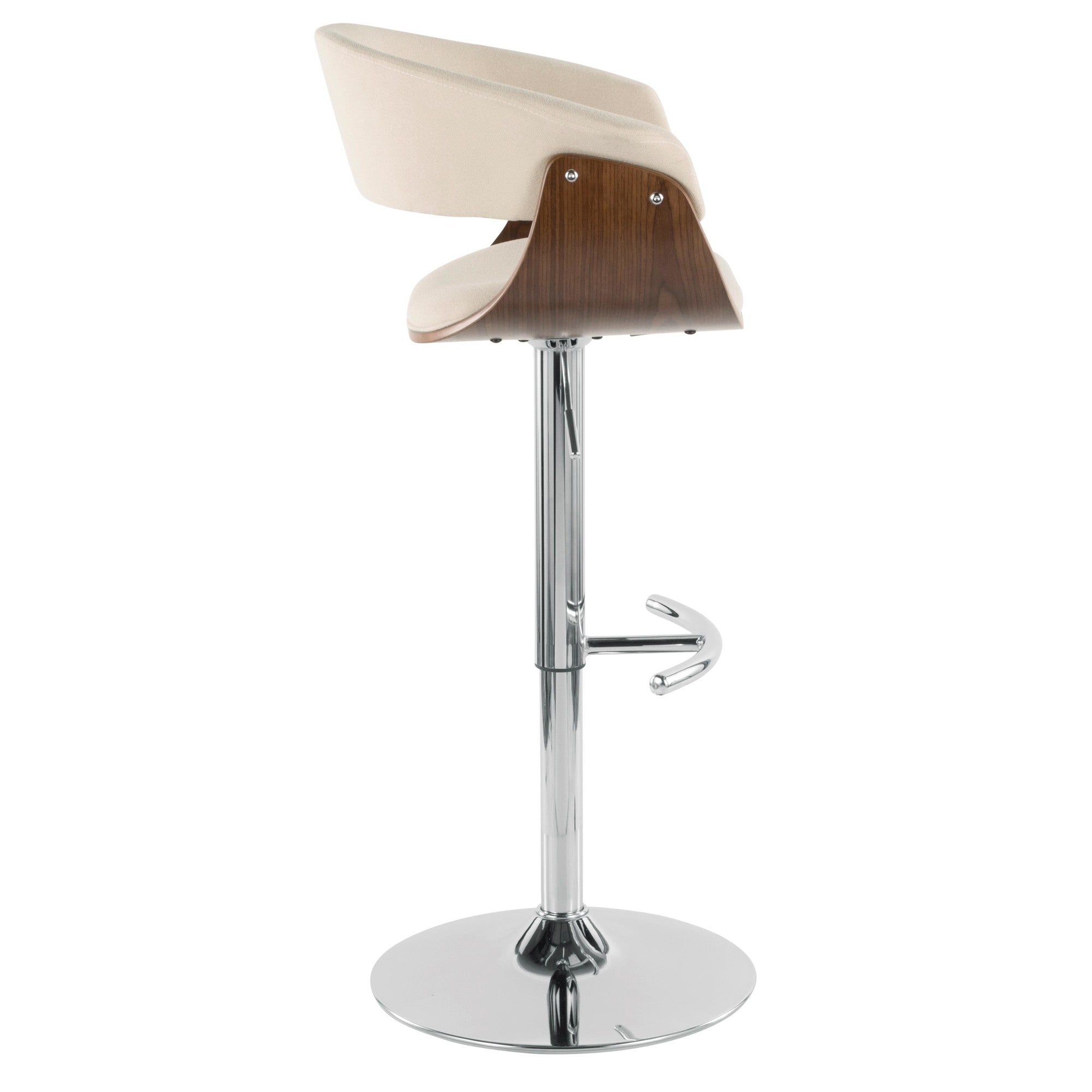 Vintage Mod Adjustable Barstool - Set of 2 - Chrome Metal, Walnut Wood, Cream Fabric