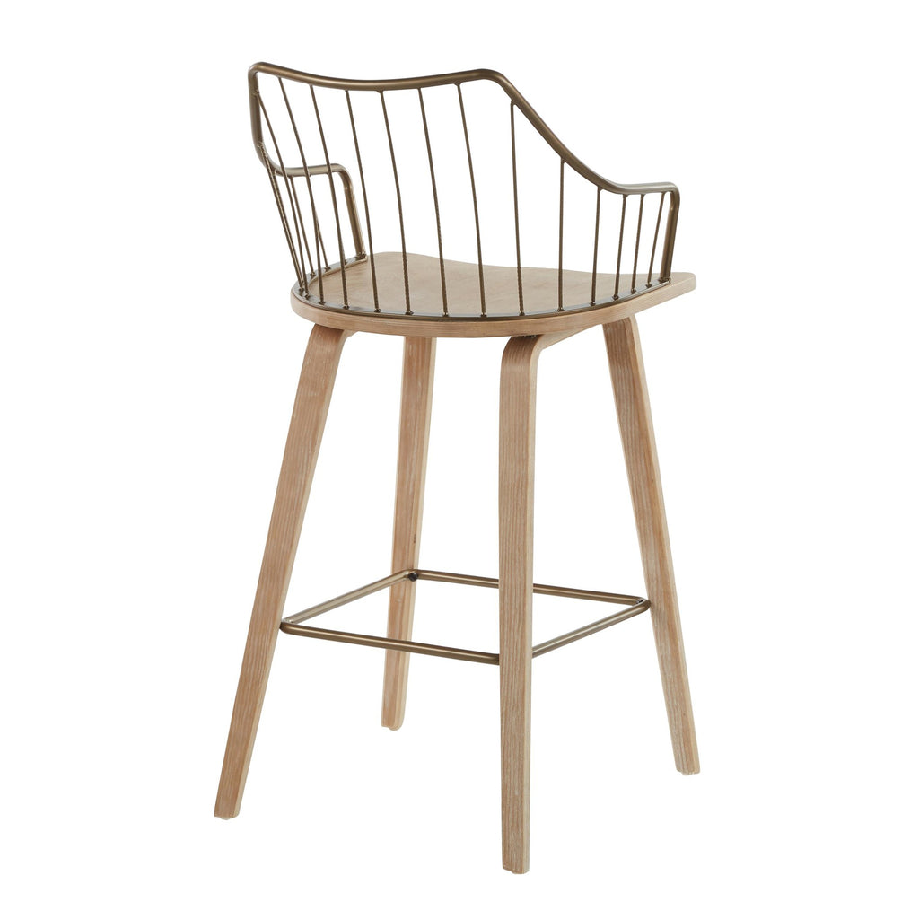 Winston 26" Fixed-Height Counter Stool - Whitewashed Wood, Antique Copper Metal
