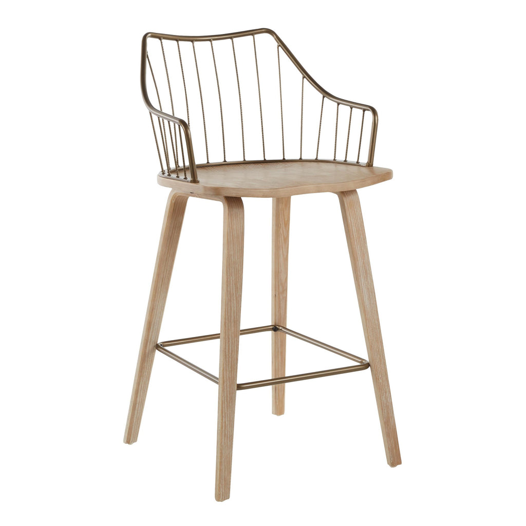Winston 26" Fixed-Height Counter Stool - Whitewashed Wood, Antique Copper Metal